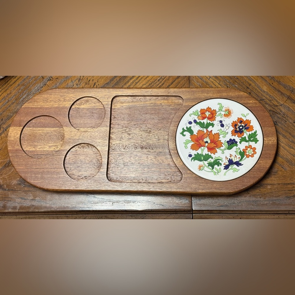 Vintage 1970s Dolphin Teakwood Floral Cheese Platter Board 19x8 Large